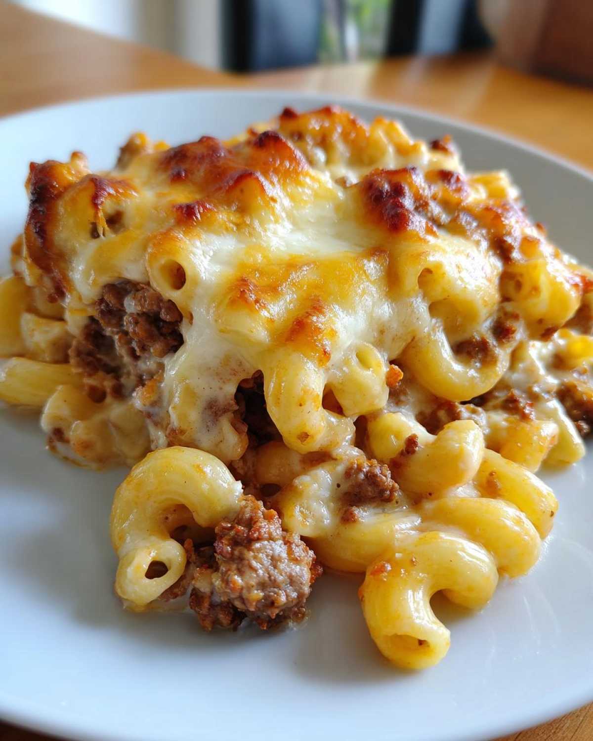 Close-up of a serving of Cheesy Beef Pasta Bake with Cream Sauce, featuring macaroni pasta, ground beef, and a bubbly, browned cheese topping.