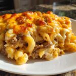 A generous serving of Cheesy Beef Pasta Bake with Cream Sauce featuring elbow macaroni, ground beef, and a thick, bubbly layer of melted cheddar cheese.