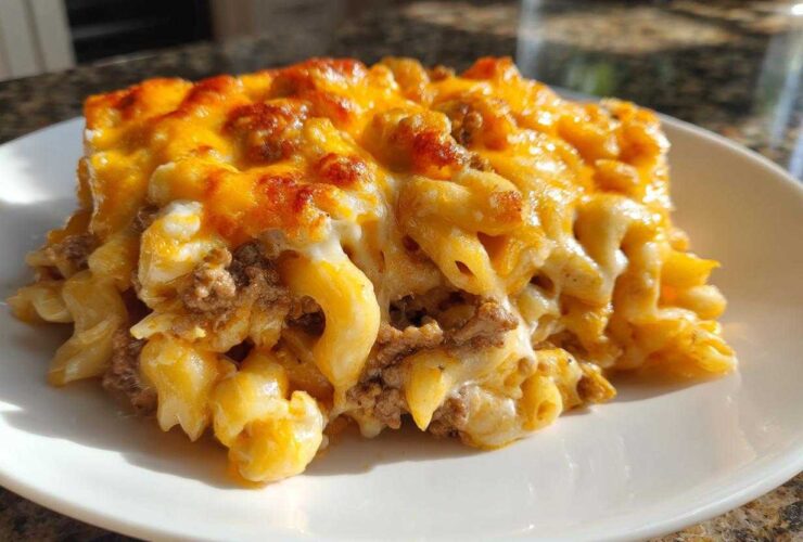 A generous serving of Cheesy Beef Pasta Bake with Cream Sauce featuring elbow macaroni, ground beef, and a thick, bubbly layer of melted cheddar cheese.
