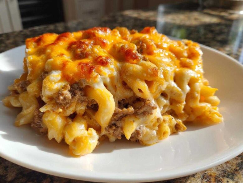 A generous serving of Cheesy Beef Pasta Bake with Cream Sauce featuring elbow macaroni, ground beef, and a thick, bubbly layer of melted cheddar cheese.
