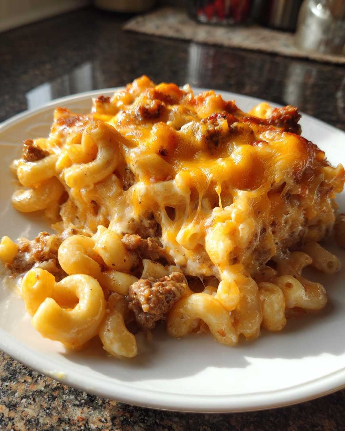 A close-up serving of Cheesy Beef Pasta Bake with Cream Sauce, featuring elbow macaroni and browned ground beef under melted, gooey cheddar cheese.