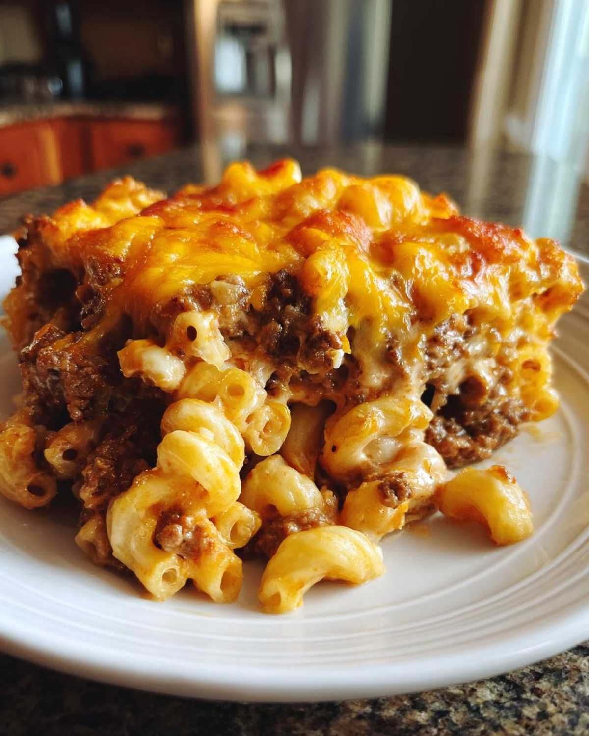A close-up serving of Cheesy Beef Pasta Bake with Cream Sauce, featuring elbow macaroni and a melted cheddar cheese topping.