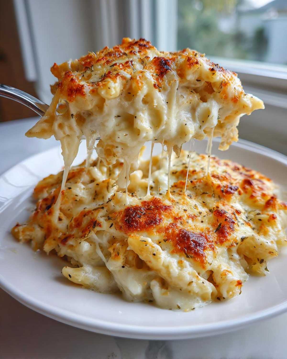 A serving of Cheesy Chicken Alfredo Bake lifted by a fork, showing extreme cheese pull and a golden, herbed crust.