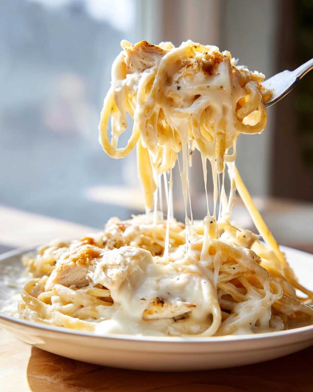 A fork lifts pasta covered in creamy sauce and melted cheese from a bowl of Cheesy Chicken Alfredo Bake.