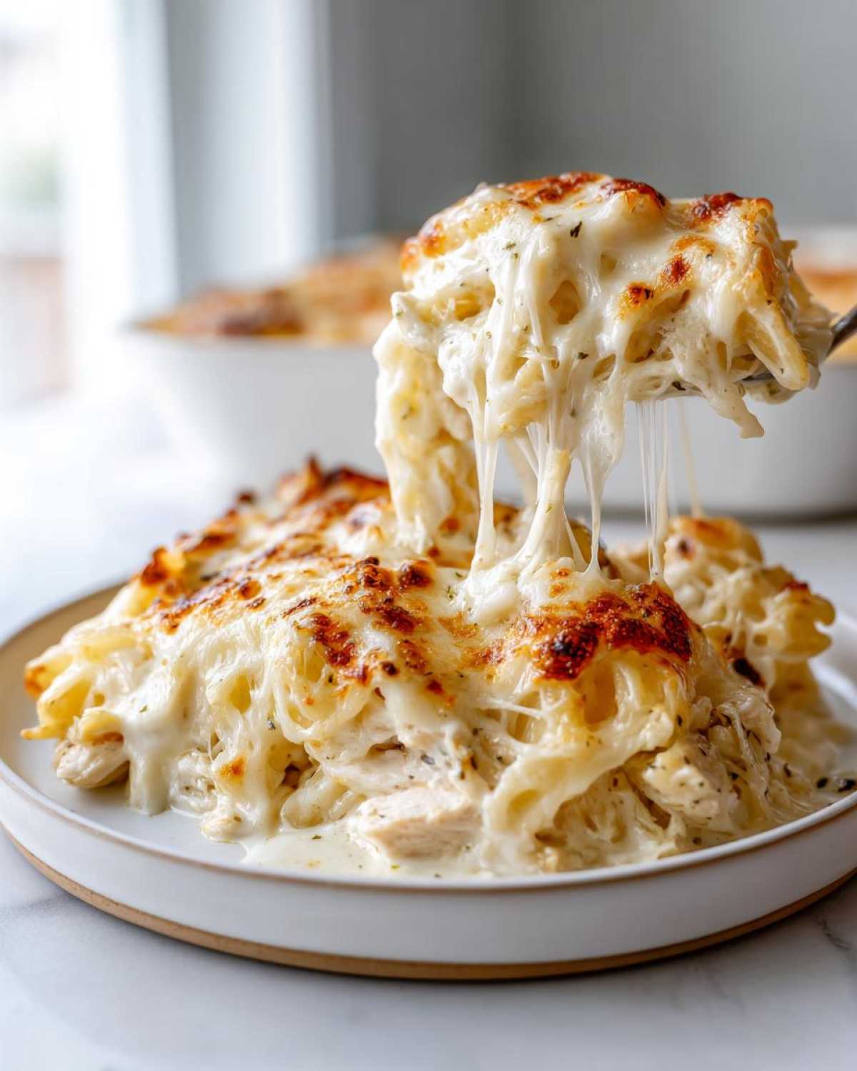 A spoonful of Cheesy Chicken Alfredo Bake showing an extreme cheese pull over the serving on a plate.
