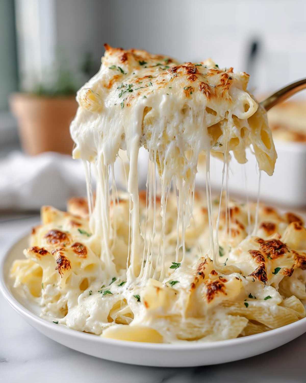 A serving spoon lifts a portion of Cheesy Chicken Alfredo Bake, showcasing extreme cheese stretch over the creamy pasta.