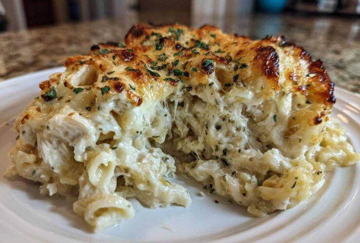 A serving of Cheesy Chicken Alfredo Bake showing creamy sauce, pasta, chicken, and a golden, bubbly cheese crust.