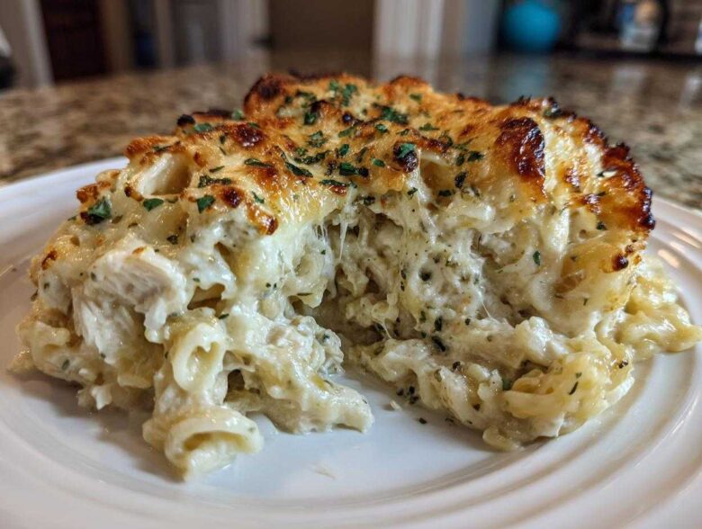 A serving of Cheesy Chicken Alfredo Bake showing creamy sauce, pasta, chicken, and a golden, bubbly cheese crust.