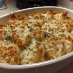 Close-up of baked Cheesy Chicken Alfredo Stuffed Pasta Shells bubbling with melted cheese and topped with parsley.