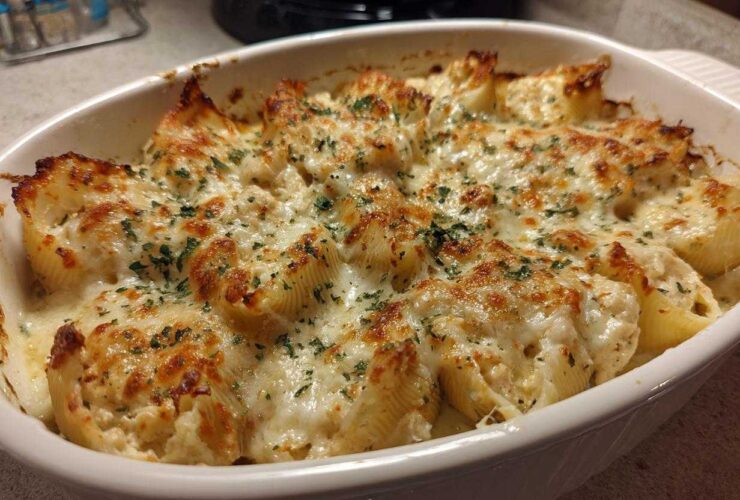Close-up of baked Cheesy Chicken Alfredo Stuffed Pasta Shells bubbling with melted cheese and topped with parsley.
