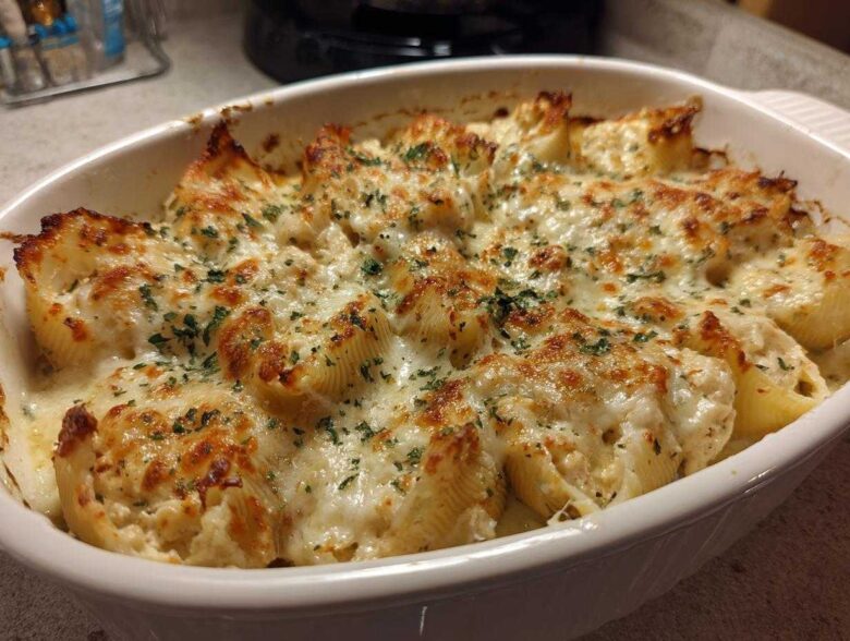 Close-up of baked Cheesy Chicken Alfredo Stuffed Pasta Shells bubbling with melted cheese and topped with parsley.