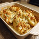 Close-up of baked Cheesy Chicken Alfredo Stuffed Pasta Shells topped with melted, browned cheese and parsley.