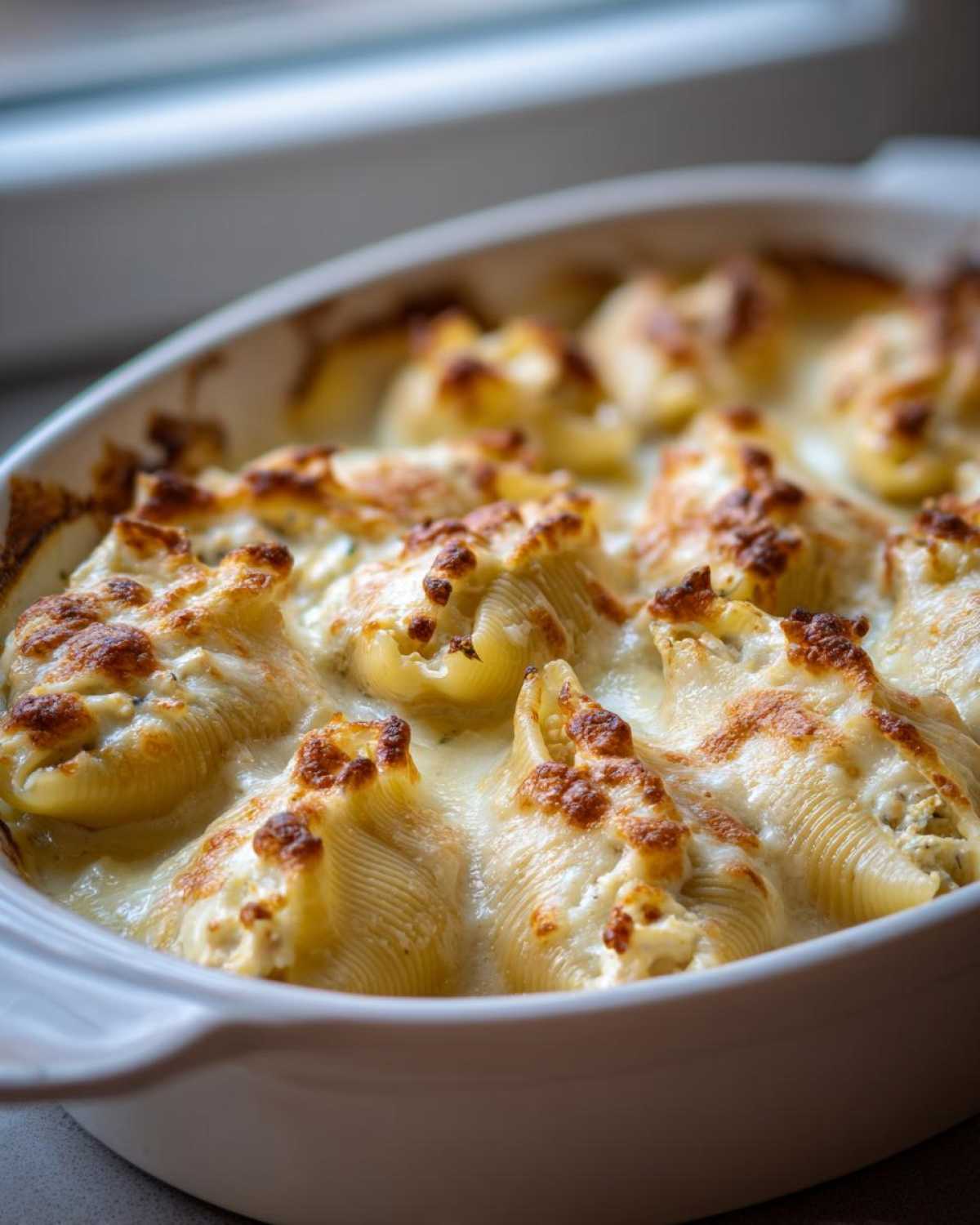 Close-up of baked Cheesy Chicken Alfredo Stuffed Pasta Shells bubbling in a white casserole dish with golden brown cheese topping.