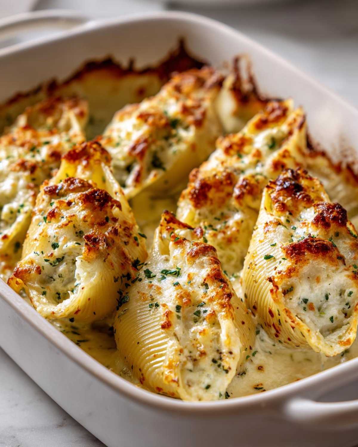 Close-up of baked Cheesy Chicken Alfredo Stuffed Pasta Shells with a golden, bubbly cheese topping in a white baking dish.