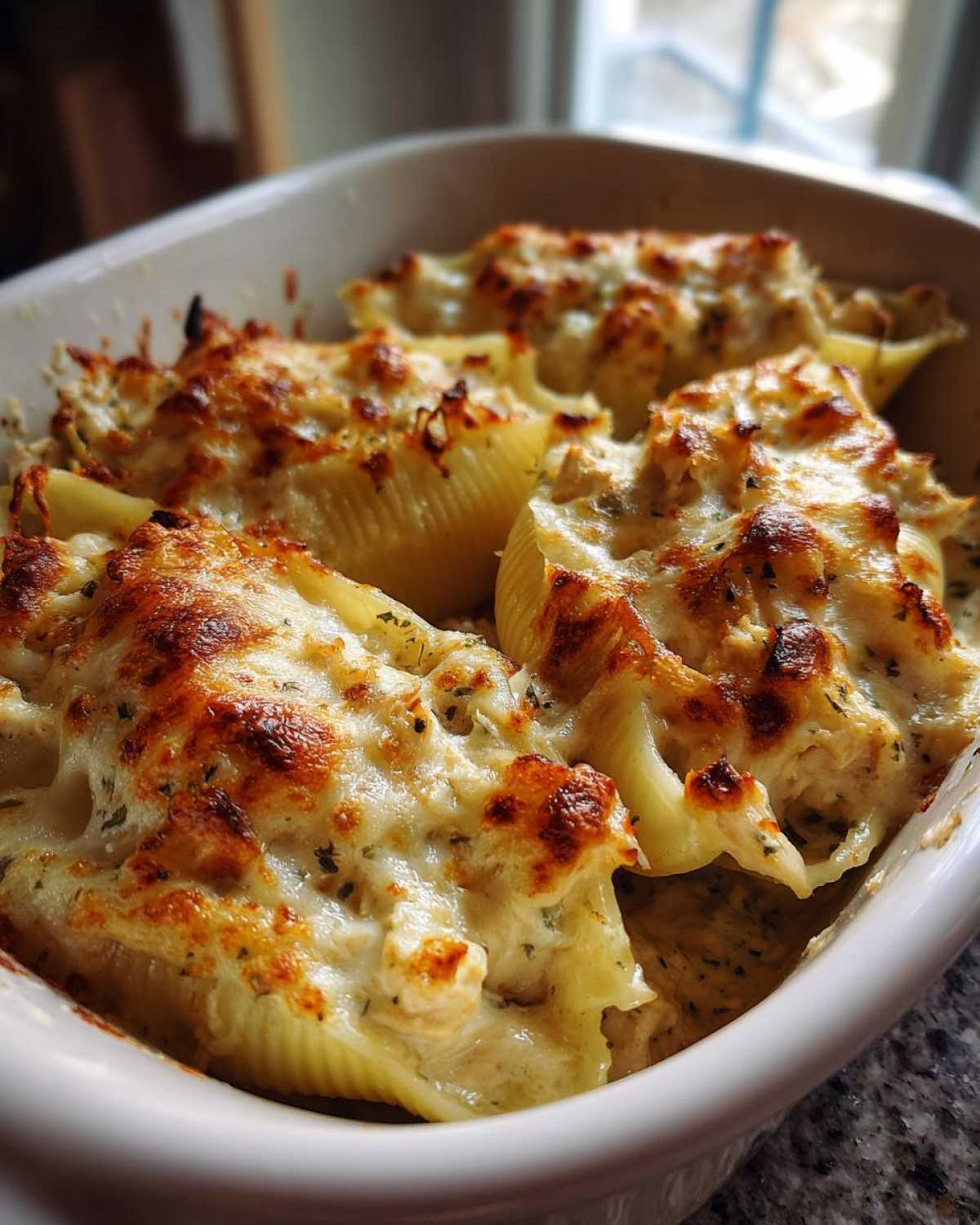 Close-up of baked Cheesy Chicken Alfredo Stuffed Pasta Shells topped with golden, bubbly cheese.