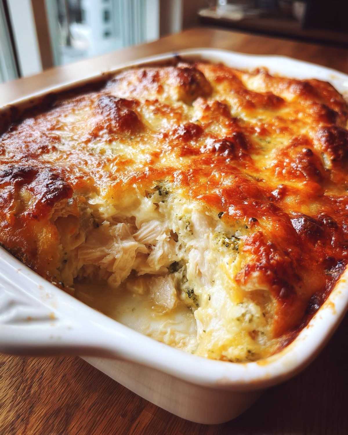 A scoop taken out of a Cheesy Chicken and Broccoli Bake Comfort Dish showing shredded chicken and creamy sauce under a bubbly, browned cheese crust.