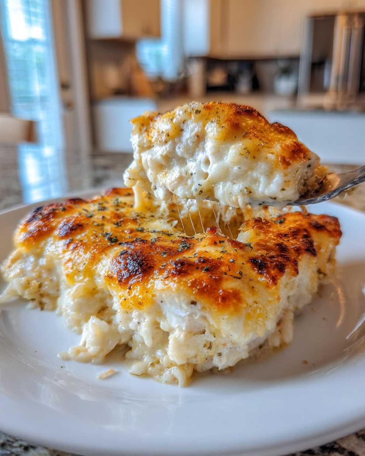 A spoonful of Cheesy Chicken and Rice Bake showing a cheese pull over the main dish with a golden, bubbly top.