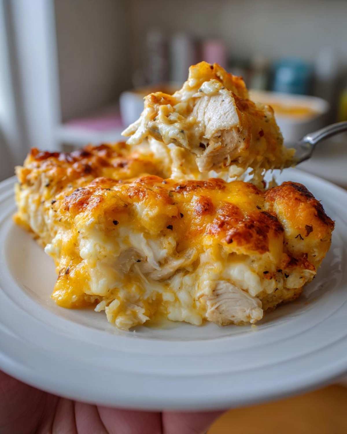 A serving of Cheesy Chicken and Rice Bake with Golden Top being lifted by a fork, showing creamy interior and melted cheese.