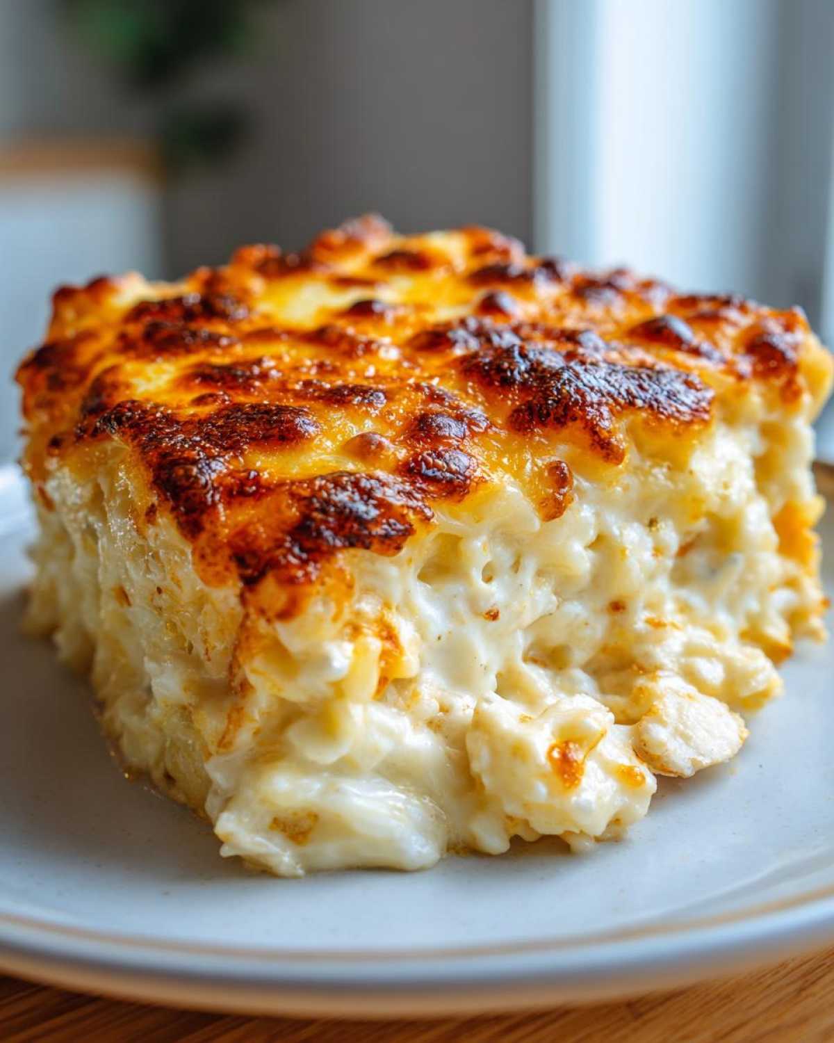 A close-up of a square serving of Cheesy Chicken and Rice Bake with Golden Top, showing creamy interior and browned cheese crust.