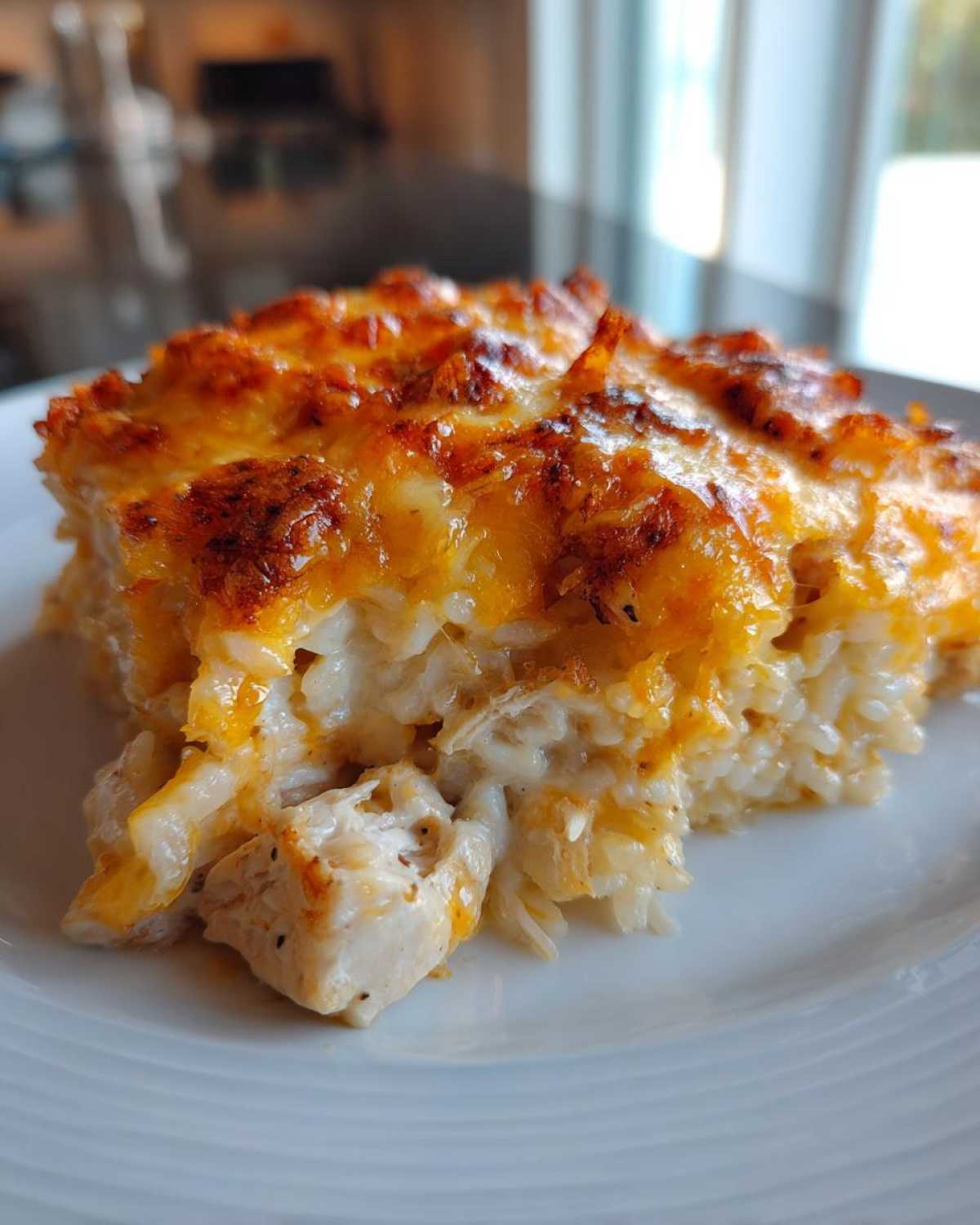 A close-up serving of Cheesy Chicken and Rice Bake with Golden Top showing tender chicken pieces mixed with creamy rice and a browned cheese crust.