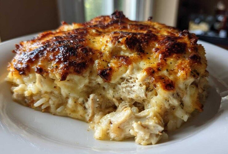 A close-up serving of Cheesy Chicken and Rice Bake with Golden Top, showing shredded chicken and rice under a browned, bubbly cheese crust.