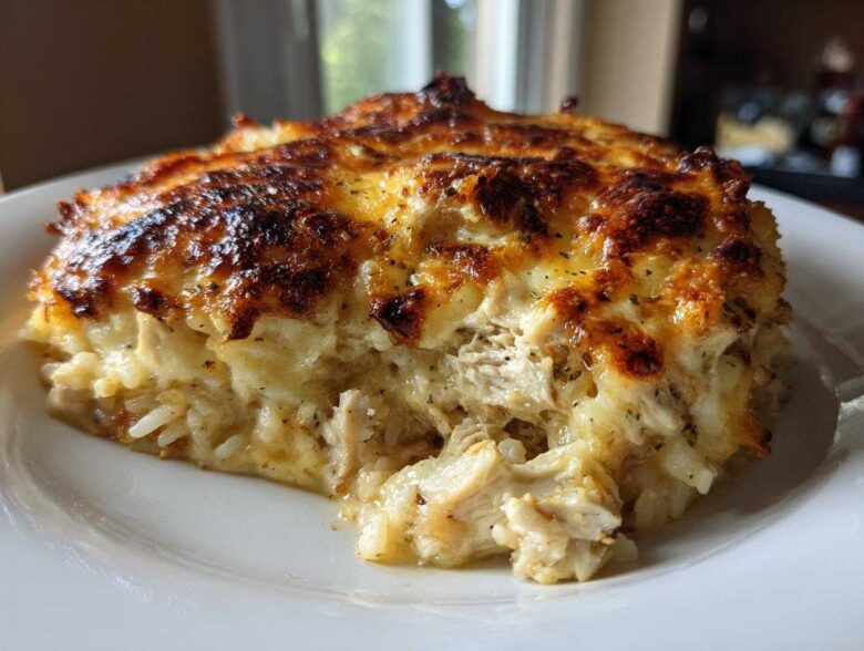 A close-up serving of Cheesy Chicken and Rice Bake with Golden Top, showing shredded chicken and rice under a browned, bubbly cheese crust.