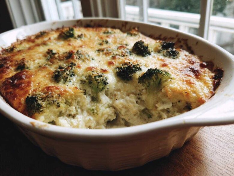 A close-up of a baked Cheesy Chicken and Broccoli Bake Comfort Dish with a bubbly, golden-brown cheese crust and visible broccoli florets.