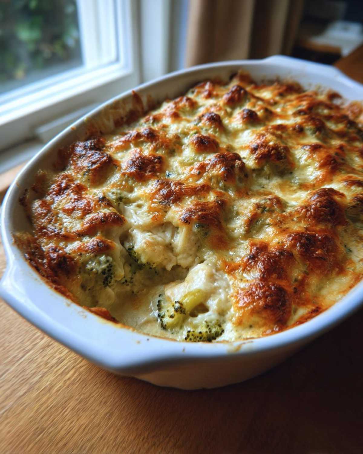 Close-up of a Cheesy Chicken and Broccoli Bake Comfort Dish with a bubbly, golden-brown cheese crust.