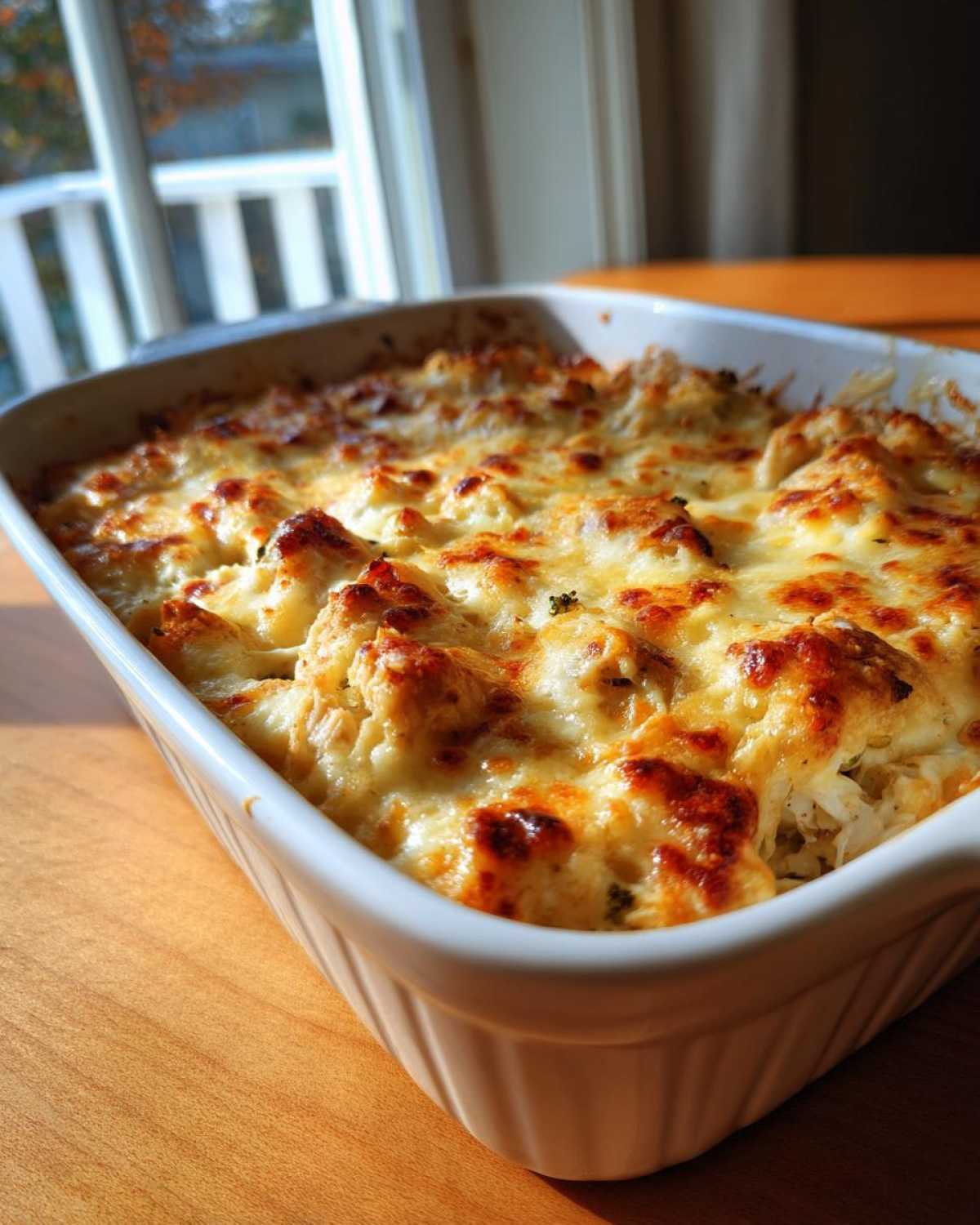 A close-up of a freshly baked Cheesy Chicken and Broccoli Bake Comfort Dish with a bubbly, golden-brown cheese topping.