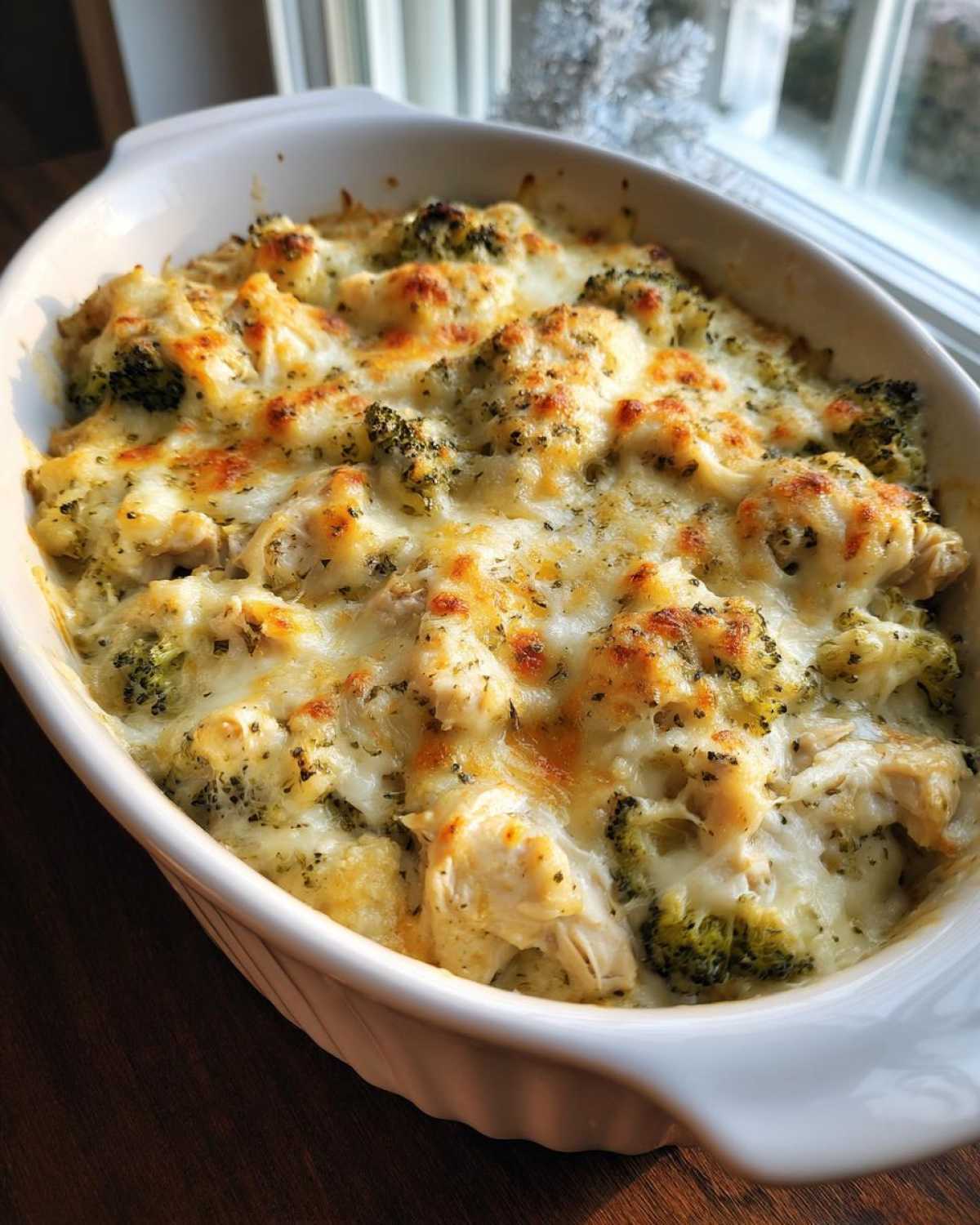A bubbling Cheesy Chicken and Broccoli Bake Comfort Dish topped with melted, golden-brown cheese in a white oval baking dish.