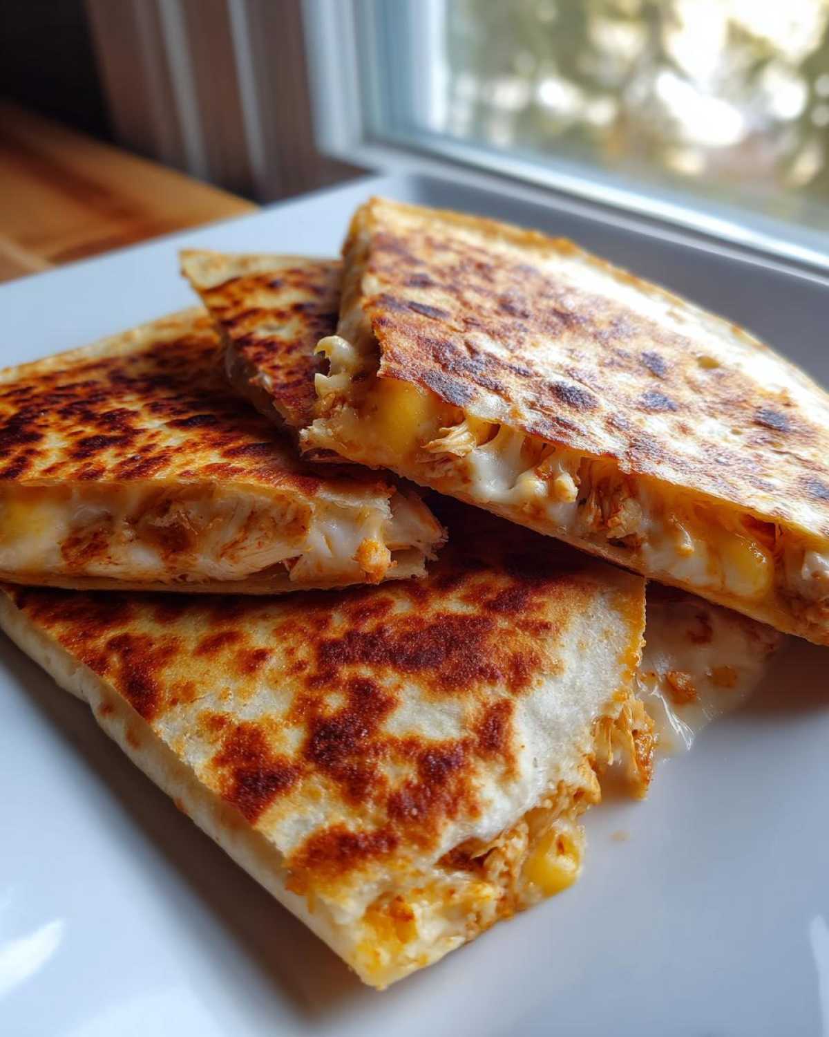 Three stacked slices of Cheesy Chicken Quesadilla with crispy, golden-brown tortillas and melted cheese.