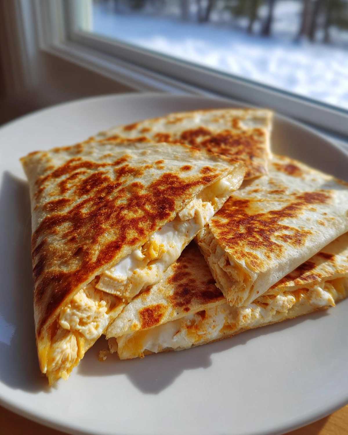 Three golden-brown, crispy slices of Cheesy Chicken Quesadilla filled with melted cheese and chicken, served on a white plate.