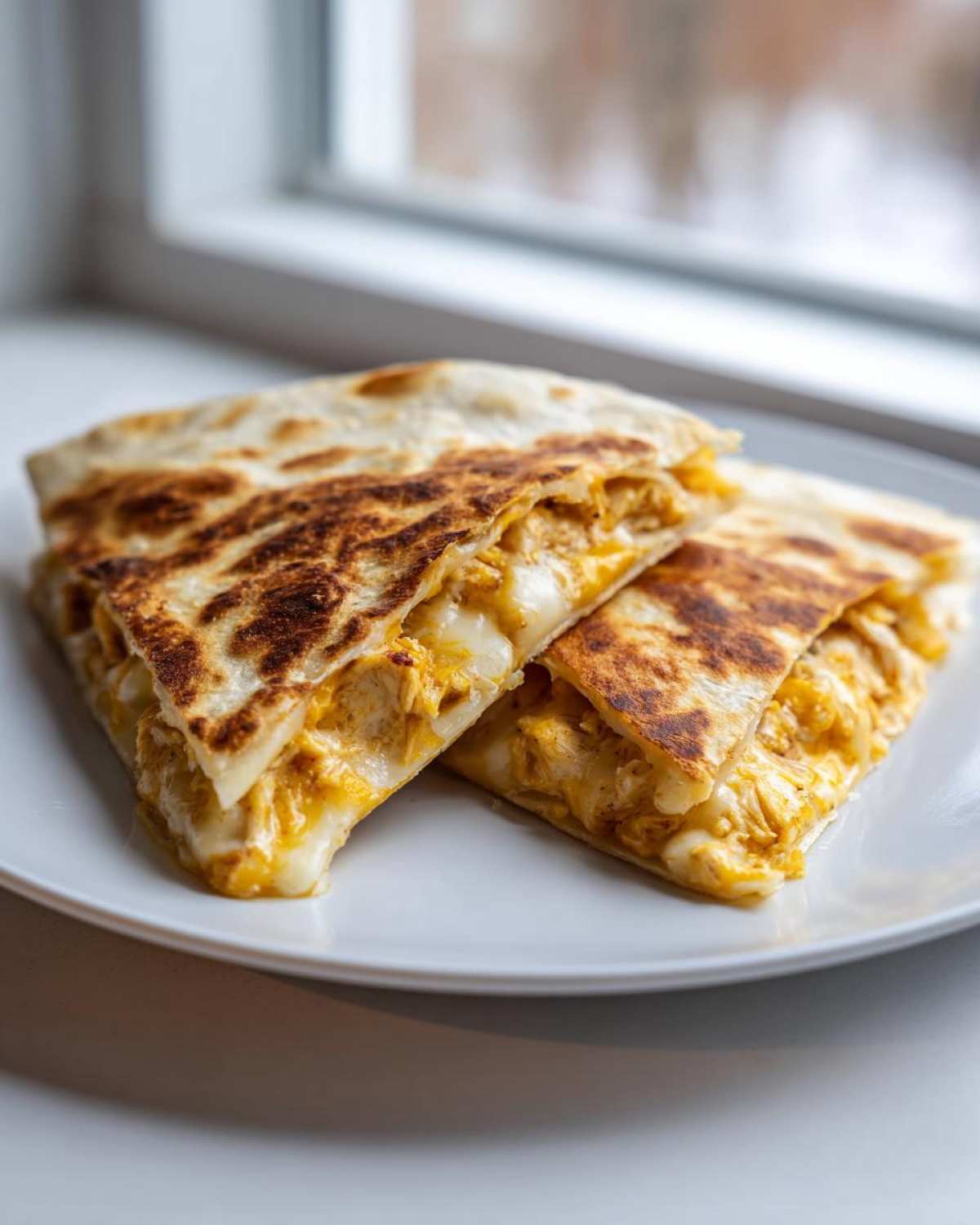 Two wedges of Cheesy Chicken Quesadilla with crispy, browned tortillas and melted cheese filling.