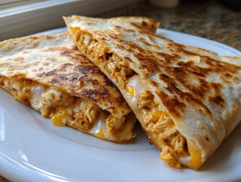Close-up of crispy, golden-brown Cheesy Chicken Quesadilla triangles oozing melted cheese.