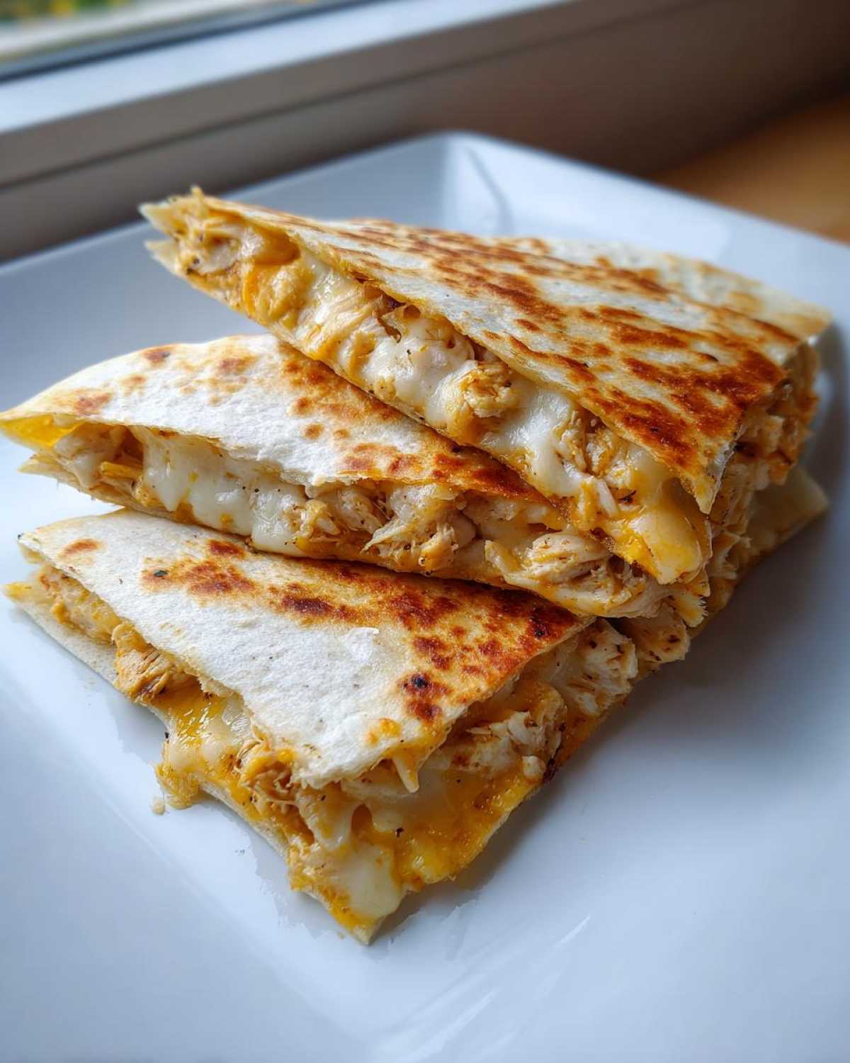 Three stacked, golden-brown triangles of Cheesy Chicken Quesadilla with melted cheese oozing out.