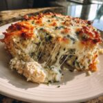 A serving of Cheesy Chicken and Spinach Bake Comfort Meal showing extreme cheese pull.