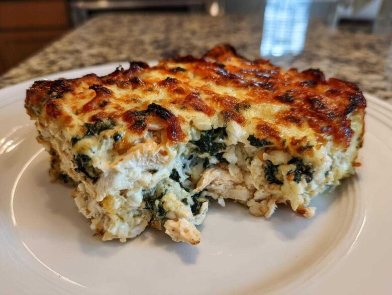 A generous slice of Cheesy Chicken and Spinach Bake Comfort Meal with a golden, bubbly cheese crust.