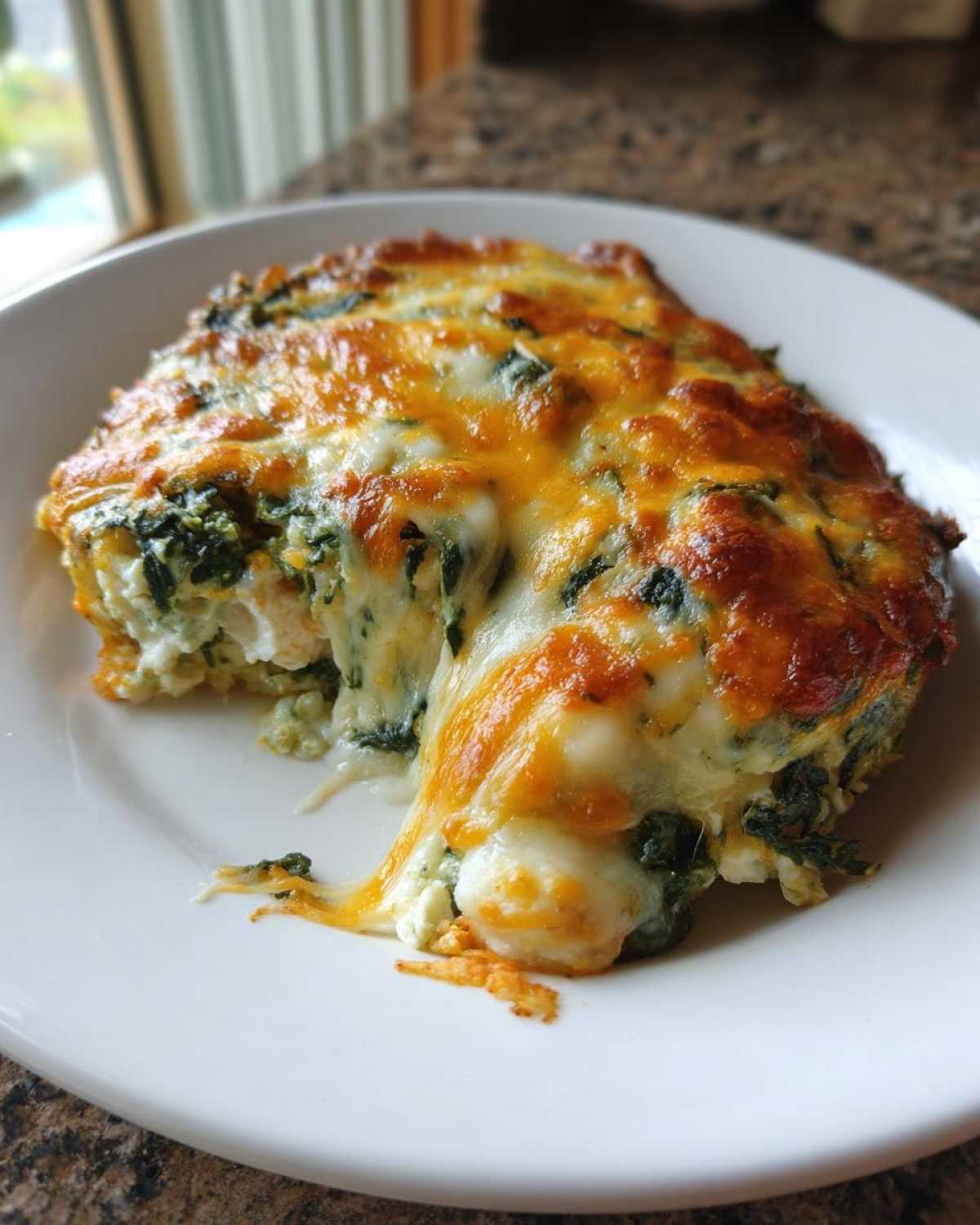 A serving of Cheesy Chicken and Spinach Bake with melted, gooey cheddar and mozzarella cheese stretching over spinach.