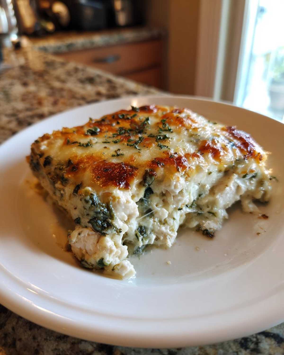 A close-up of a serving of Cheesy Chicken and Spinach Bake with a golden, bubbly cheese topping and visible spinach.