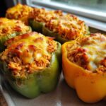 Close-up of baked Cheesy Chicken Stuffed Bell Peppers, featuring melted, browned cheese over a filling of chicken and rice.
