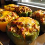 Close-up of baked Cheesy Chicken Stuffed Bell Peppers with melted, browned cheese topping.
