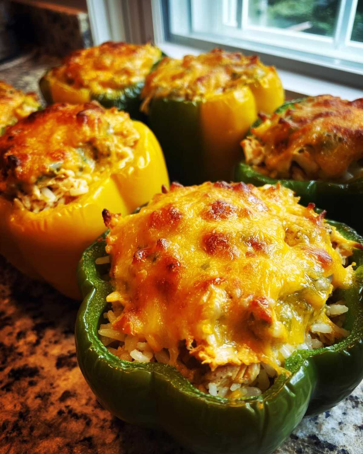 Close-up of baked Cheesy Chicken Stuffed Bell Peppers Easy Recipe, topped with melted, browned cheese.