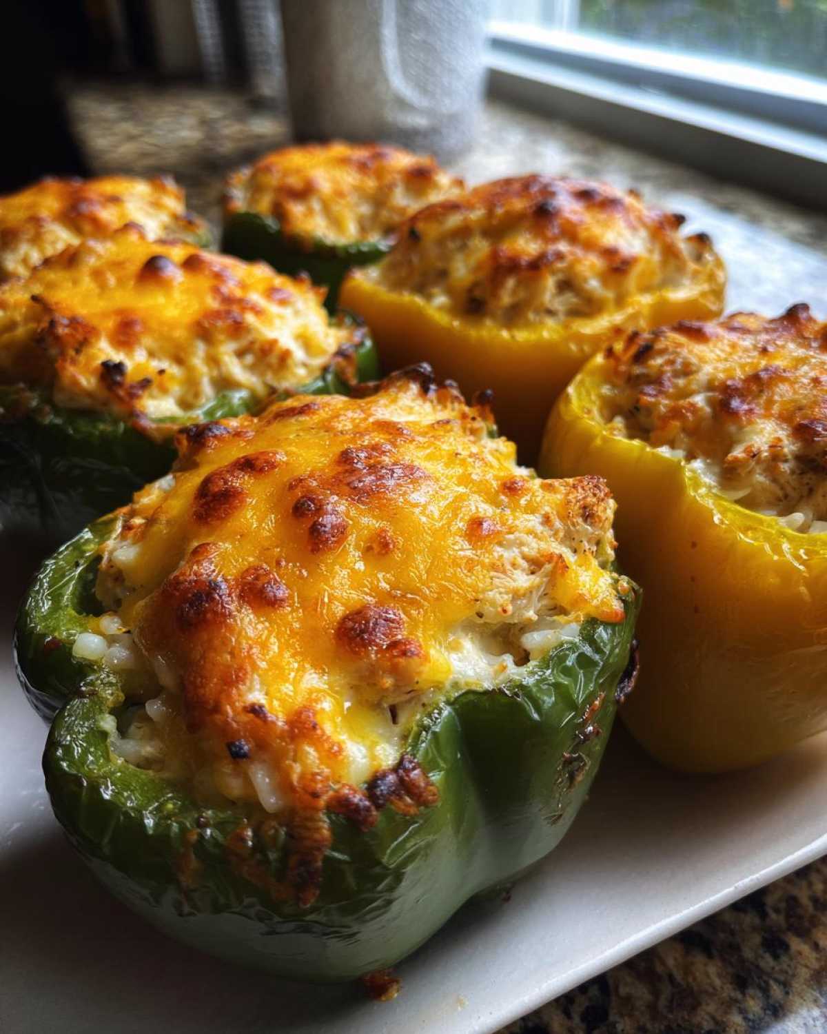 Close-up of baked Cheesy Chicken Stuffed Bell Peppers, topped with melted, browned cheddar cheese.