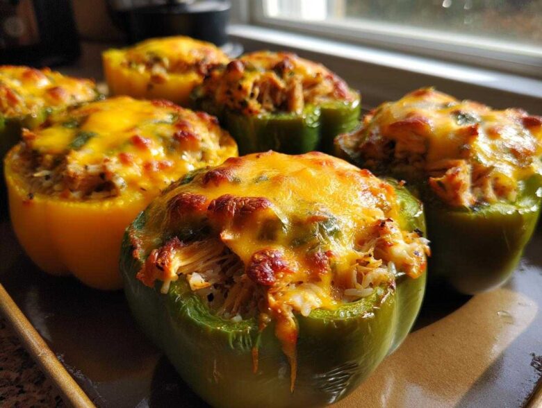 Close-up of baked Cheesy Chicken Stuffed Bell Peppers with melted, browned cheese topping.