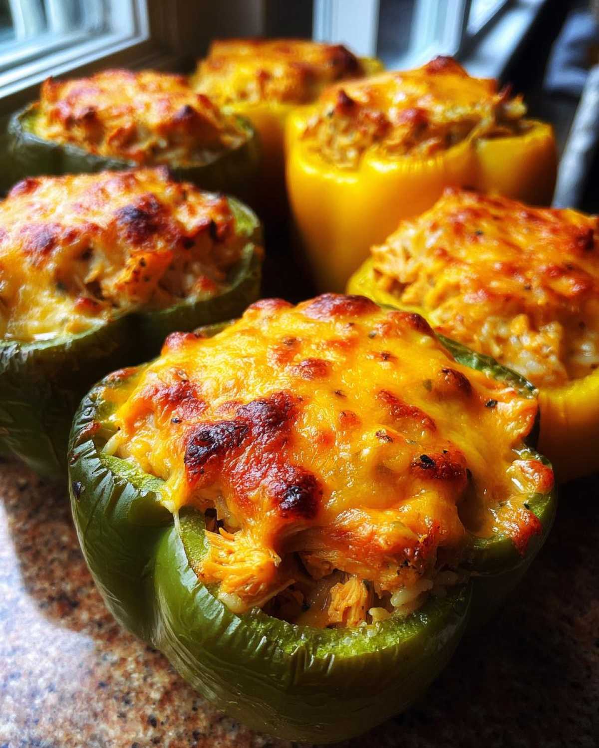 Close-up of baked Cheesy Chicken Stuffed Bell Peppers, showing melted, browned cheese topping.