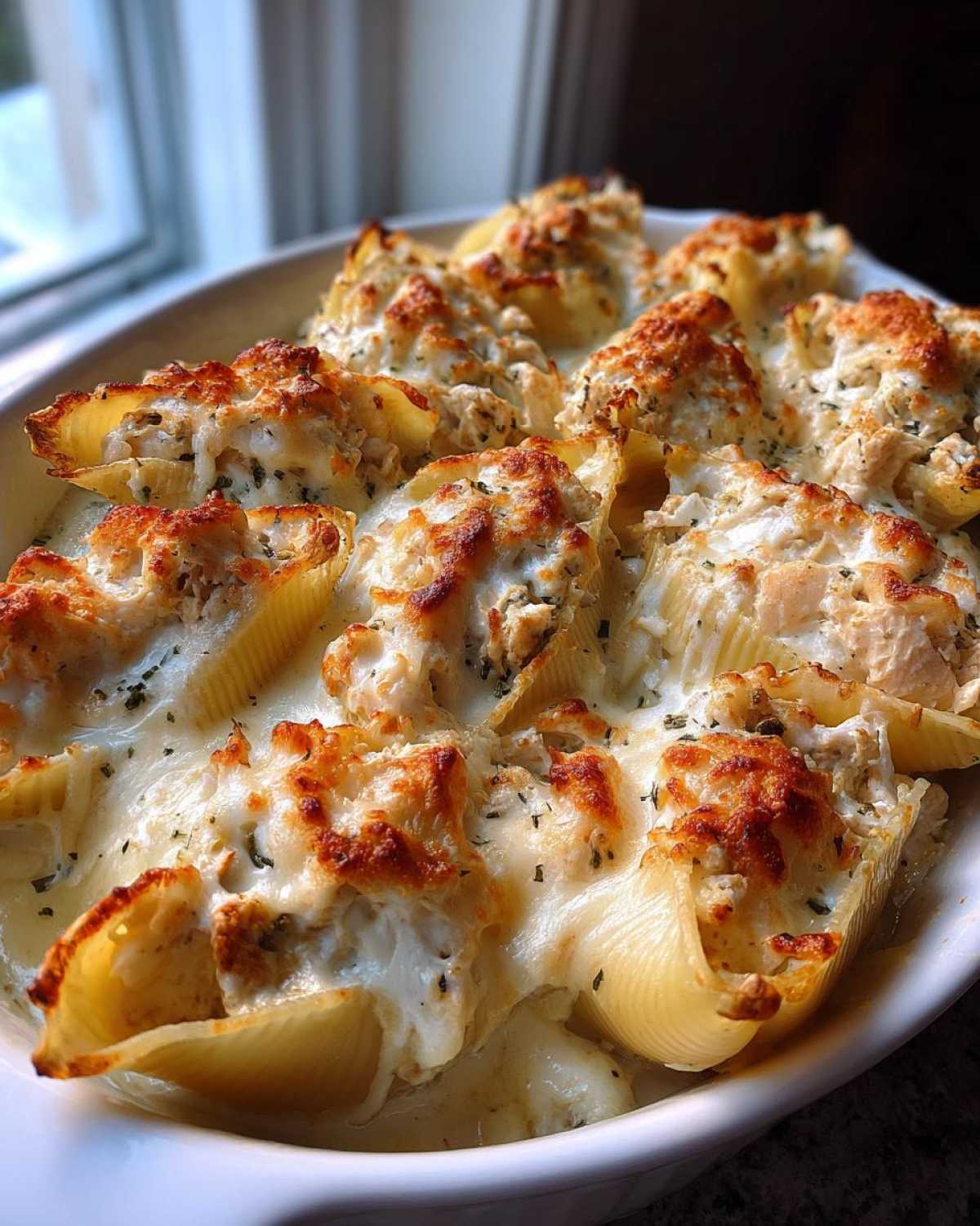 Close-up of baked Cheesy Chicken Stuffed Pasta shells overflowing with creamy sauce and golden-brown cheese topping.