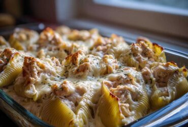 Close-up of baked Cheesy Chicken Stuffed Pasta shells covered in melted cheese and cream sauce.