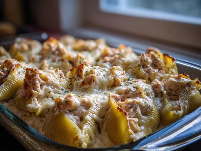 Close-up of baked Cheesy Chicken Stuffed Pasta shells covered in melted cheese and cream sauce.