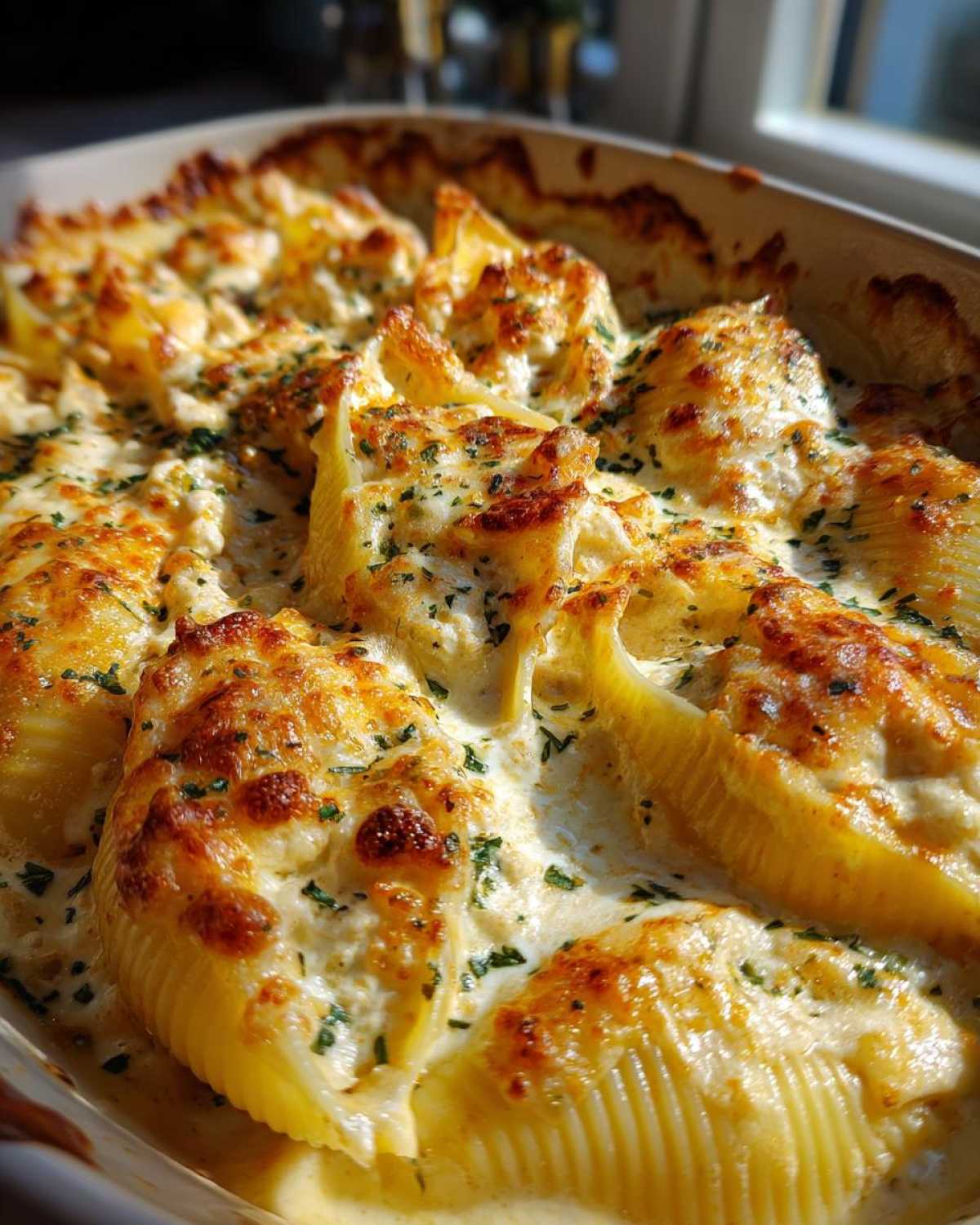 Close-up of baked Cheesy Chicken Stuffed Pasta shells swimming in a rich cream sauce, topped with melted, browned cheese and parsley.