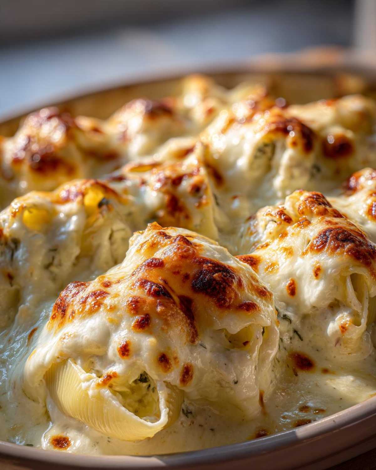 Close-up of baked Cheesy Chicken Stuffed Pasta shells covered in bubbling, browned cream sauce.
